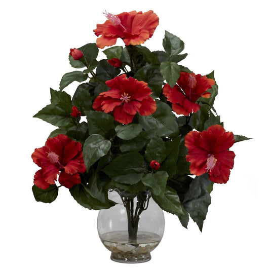 Hibiscus w/Fluted Vase Silk Flower Arrangement by Nearly Natural