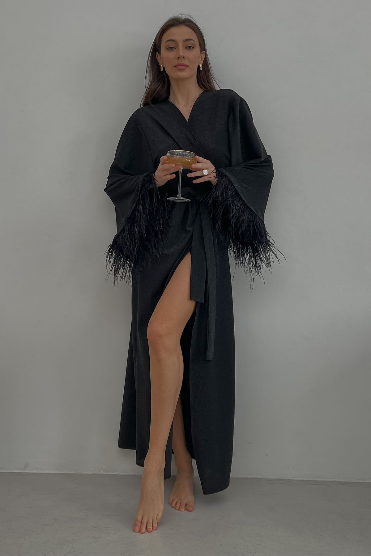 Aster black shiny kimono robe with feathers by Angie's Showroom