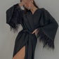 Aster black shiny kimono robe with feathers by Angie's Showroom