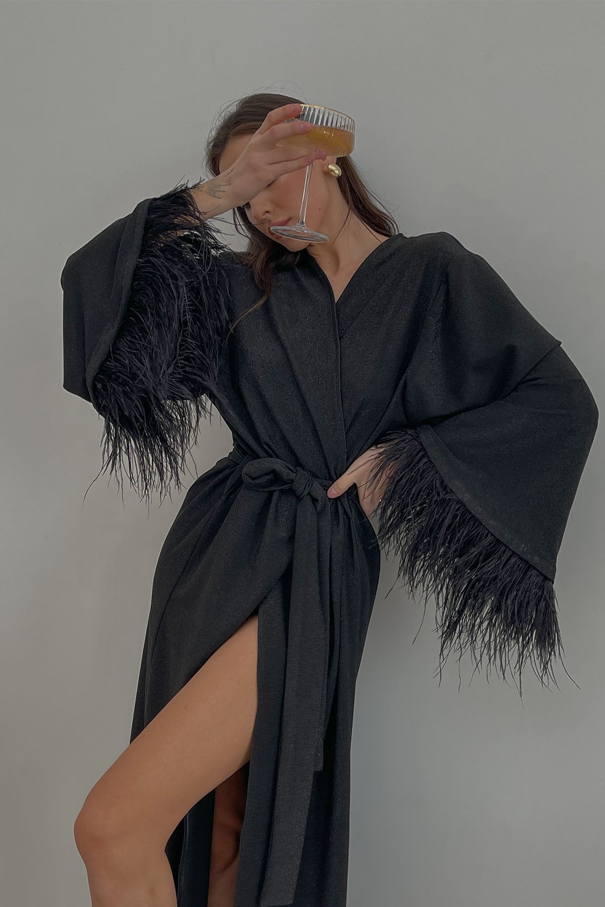 Aster black shiny kimono robe with feathers by Angie's Showroom