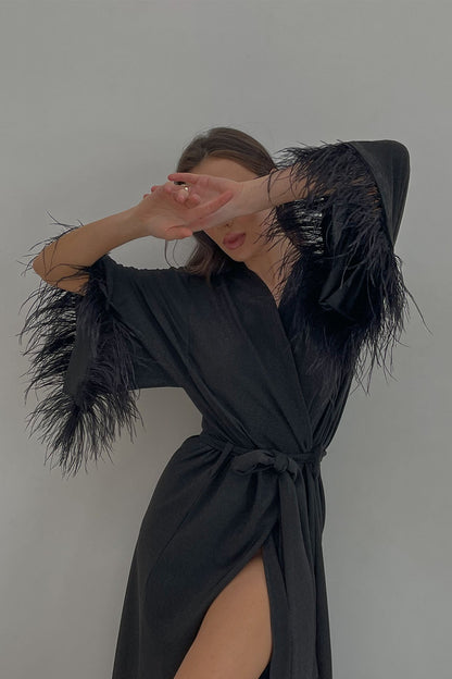 Aster black shiny kimono robe with feathers by Angie's Showroom