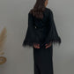 Aster black shiny kimono robe with feathers by Angie's Showroom