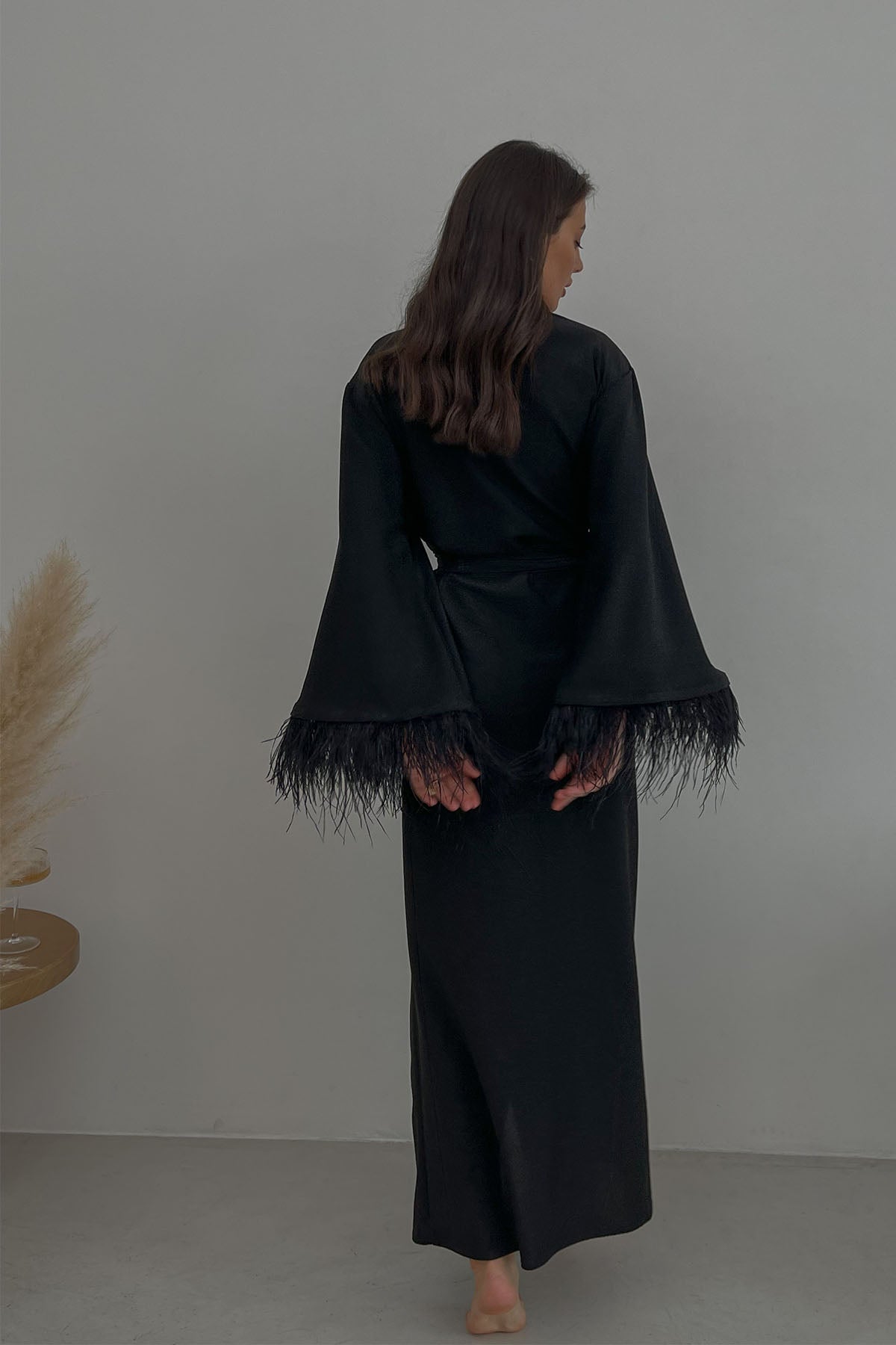 Aster black shiny kimono robe with feathers by Angie's Showroom