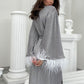 Aster silver shiny kimono robe with feathers by Angie's Showroom