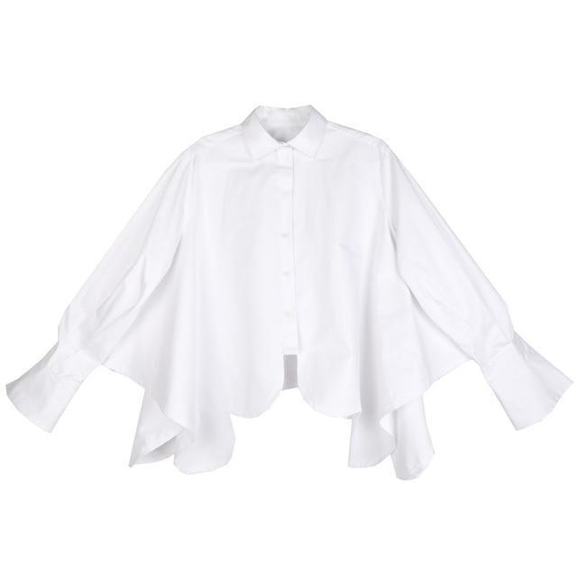 Sonoya Lapel Long Sleeve Irregular Hem Shirt by Marigold Shadows