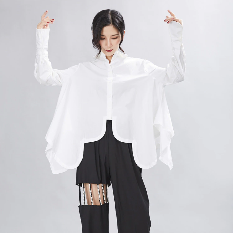 Sonoya Lapel Long Sleeve Irregular Hem Shirt by Marigold Shadows