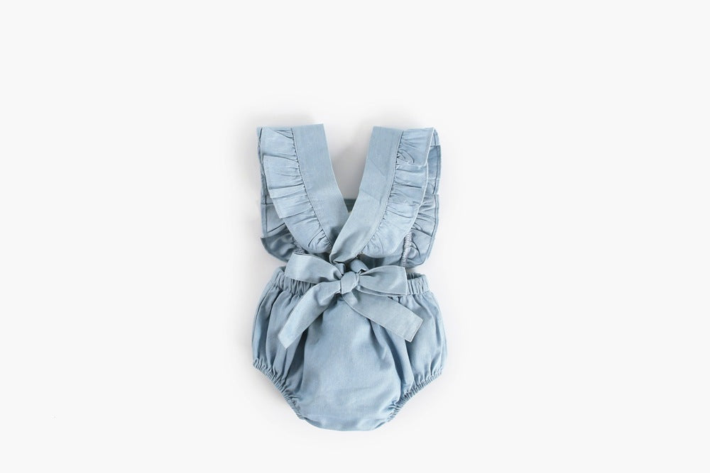 Baby Girl Square Collar Lace Design Denim Fabric Sleeveless Backless Onesies With Bow Decoration by MyKids-USA™