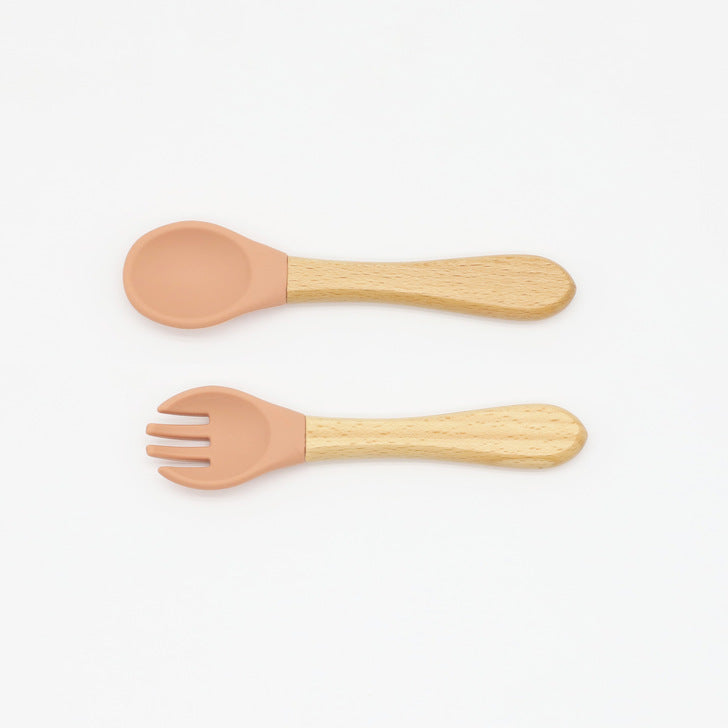 Baby Food Grade Wooden Handles Silicone Spoon Fork Cutlery by MyKids-USA™