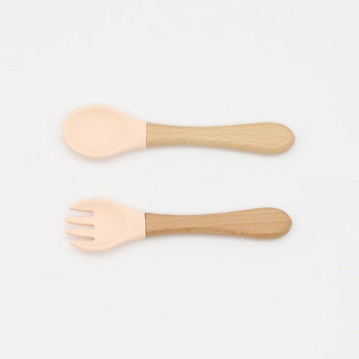 Baby Food Grade Wooden Handles Silicone Spoon Fork Cutlery by MyKids-USA™