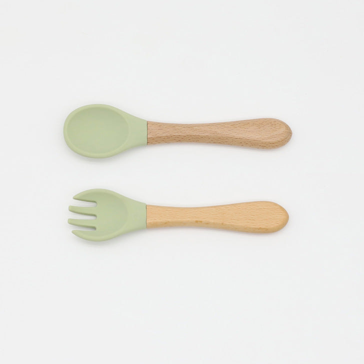 Baby Food Grade Wooden Handles Silicone Spoon Fork Cutlery by MyKids-USA™