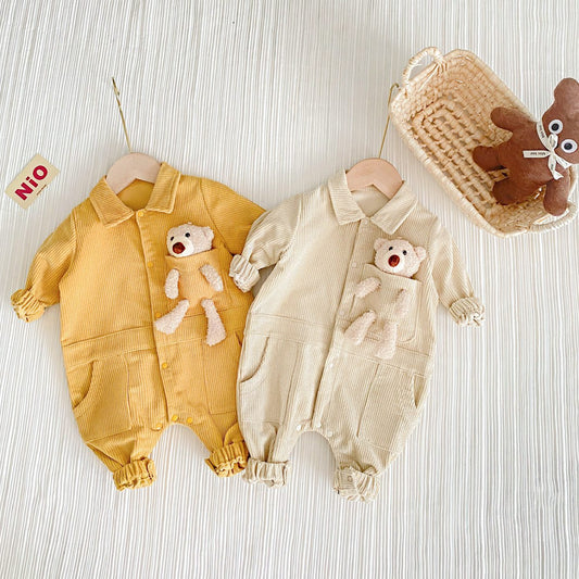 Baby 3D Cartoon Bear Patched Design Corduroy Fabric Button Front Romper by MyKids-USA™