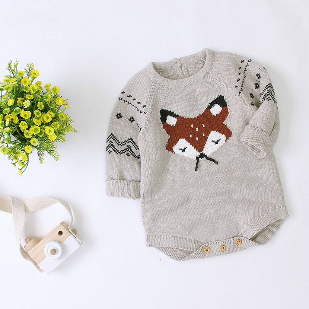 Baby Cartoon Fox Graphic Long Sleeves Triangle Knitted Romper Jumpsuit In Autumn by MyKids-USA™