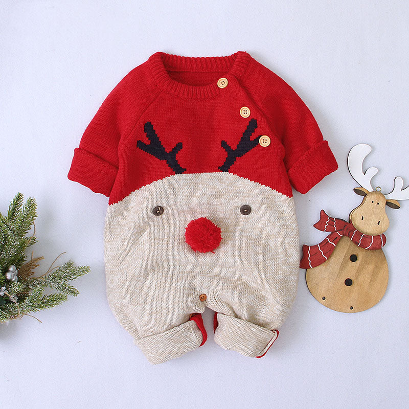 Baby Cartton Pattern Contrast Design Side Button Christmas Knitted Romper by MyKids-USA™