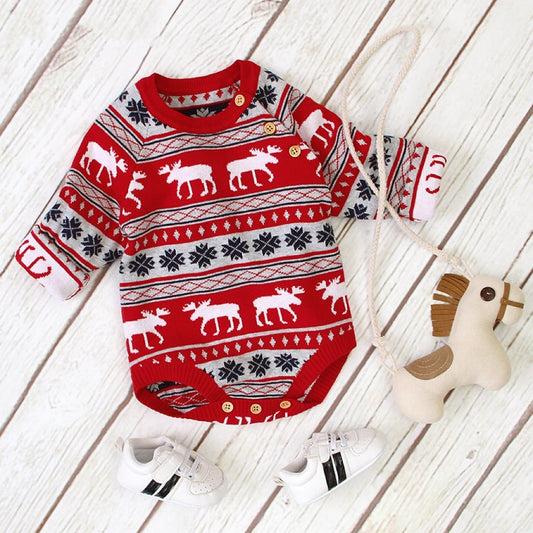 Baby Christmas Deer Pattern Shoulder Button Design Long Sleeved Onesies by MyKids-USA™