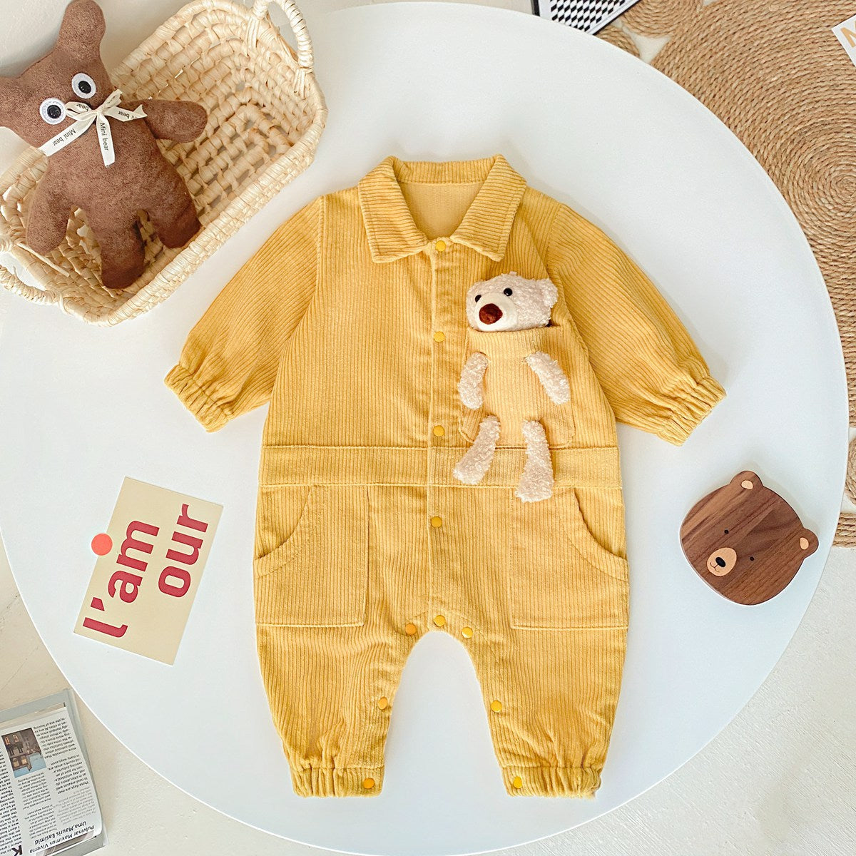 Baby 3D Cartoon Bear Patched Design Corduroy Fabric Button Front Romper by MyKids-USA™