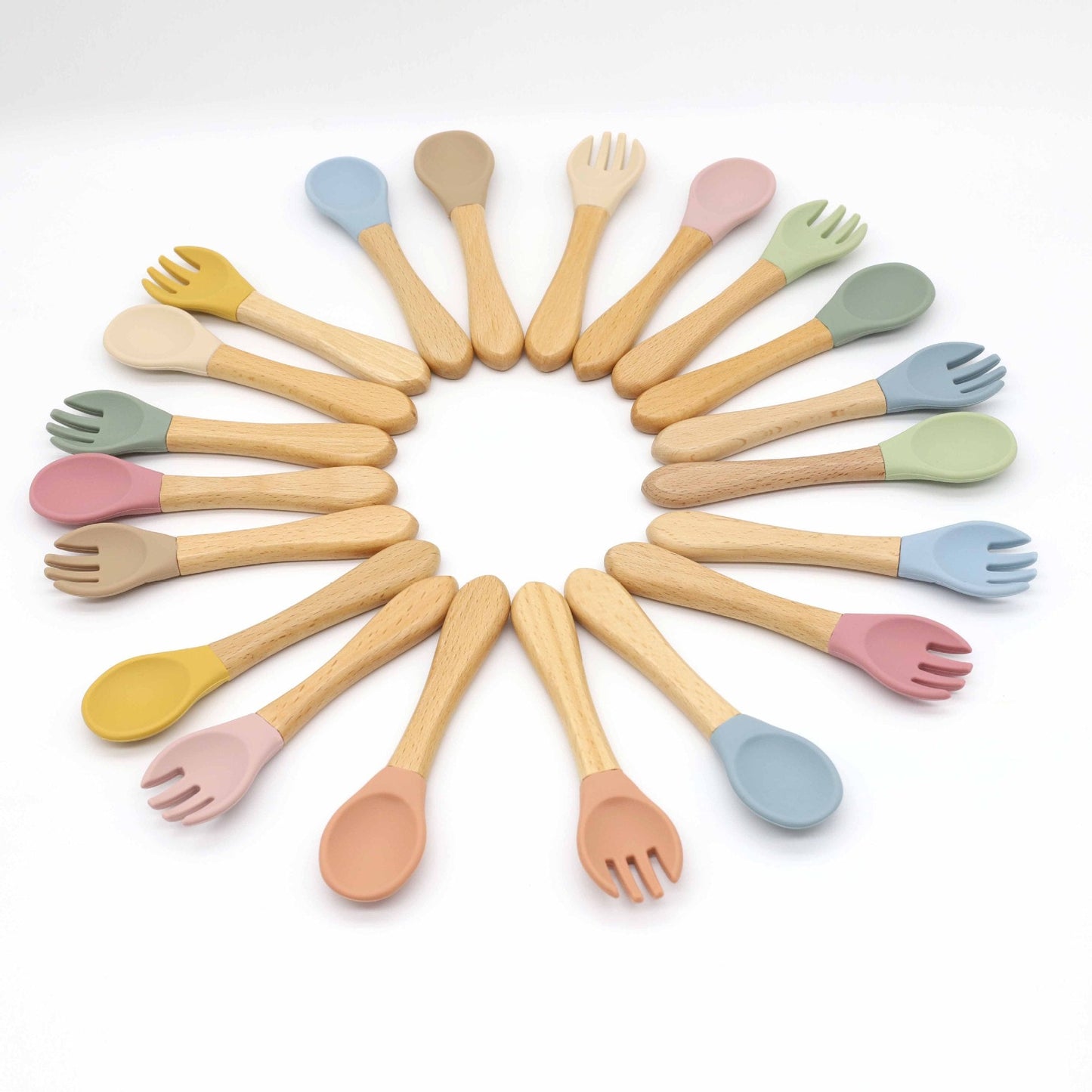 Baby Food Grade Wooden Handles Silicone Spoon Fork Cutlery by MyKids-USA™