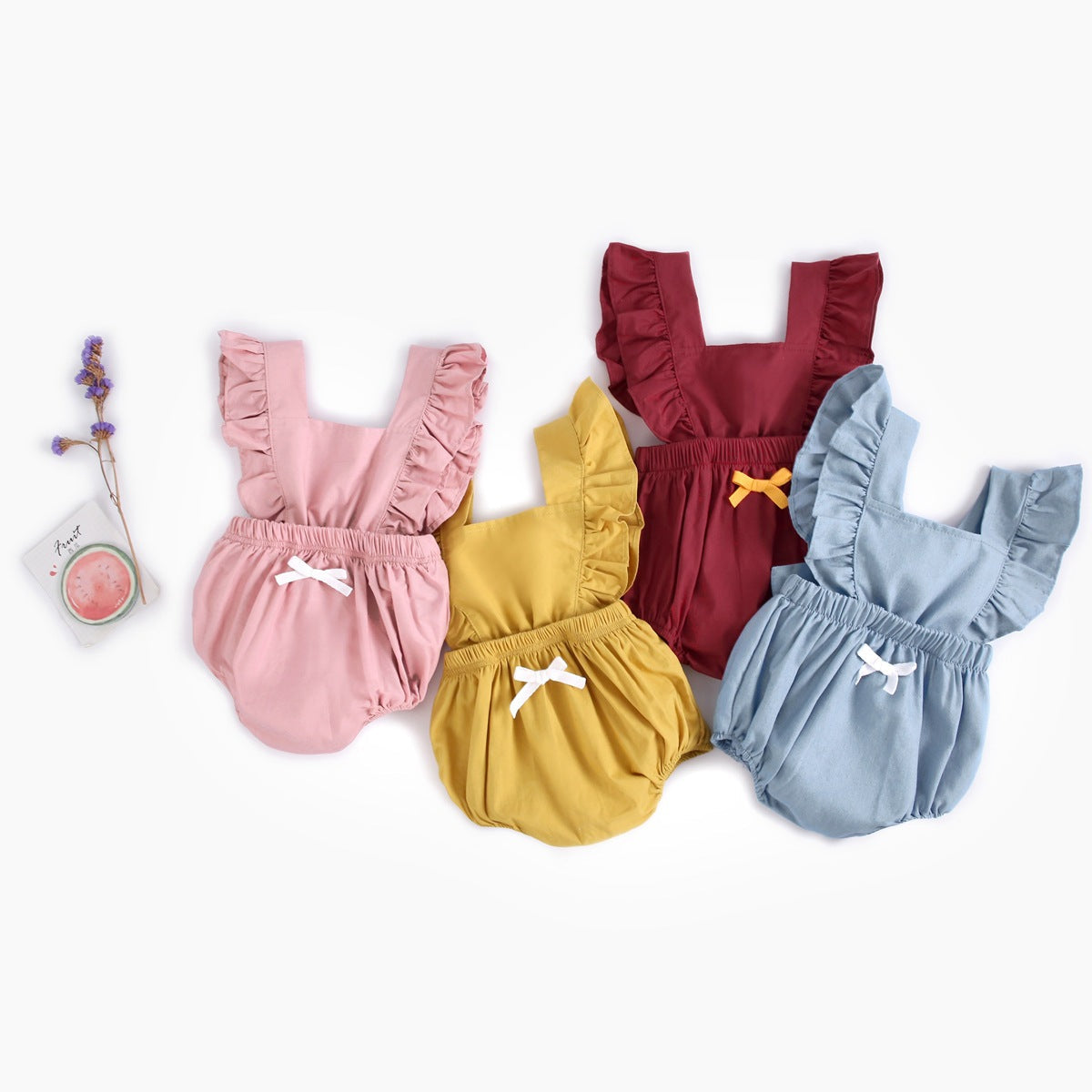 Baby Girl Square Collar Lace Design Denim Fabric Sleeveless Backless Onesies With Bow Decoration by MyKids-USA™