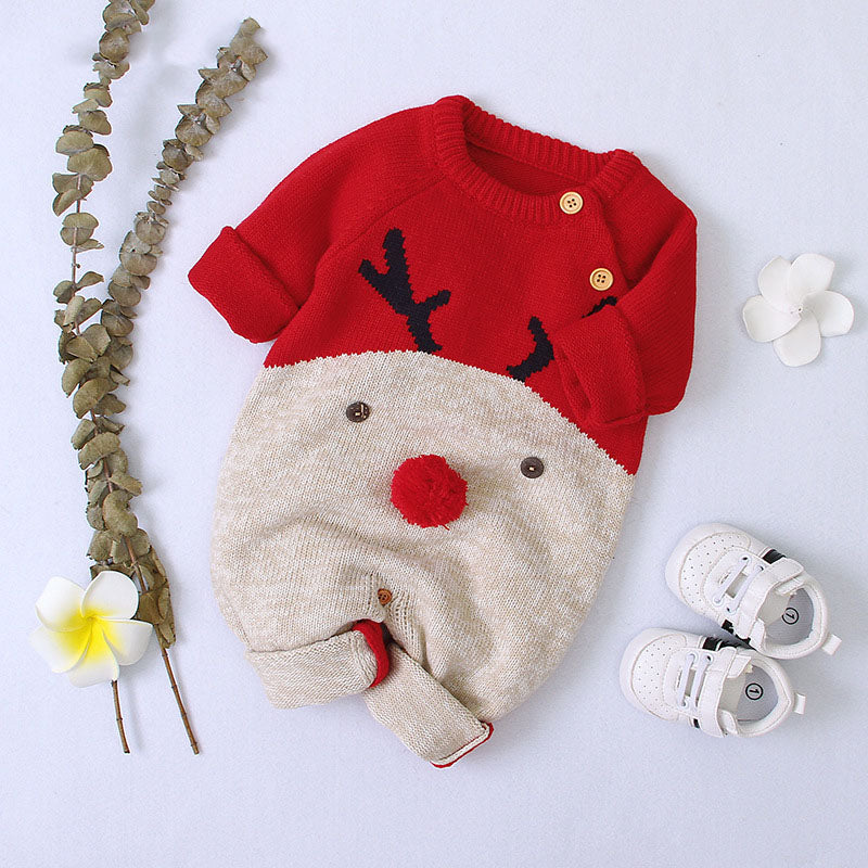 Baby Cartton Pattern Contrast Design Side Button Christmas Knitted Romper by MyKids-USA™