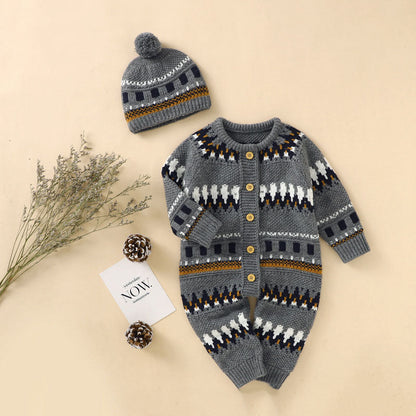 Baby Embroidered Pattern Contrast Design Vintage Style Warm Knitting Romper With Hat by MyKids-USA™