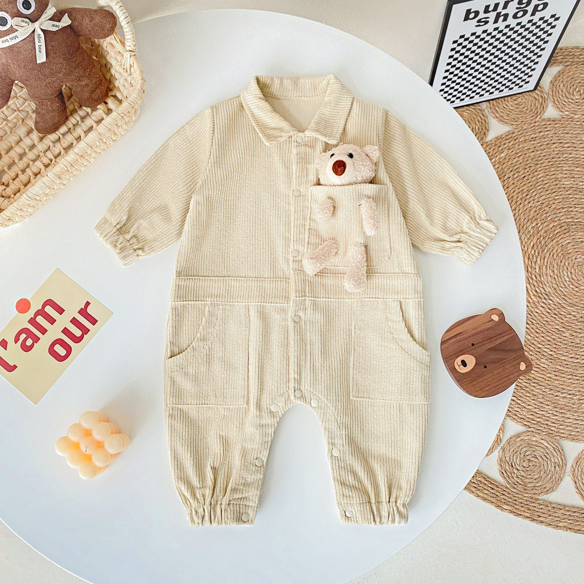 Baby 3D Cartoon Bear Patched Design Corduroy Fabric Button Front Romper by MyKids-USA™