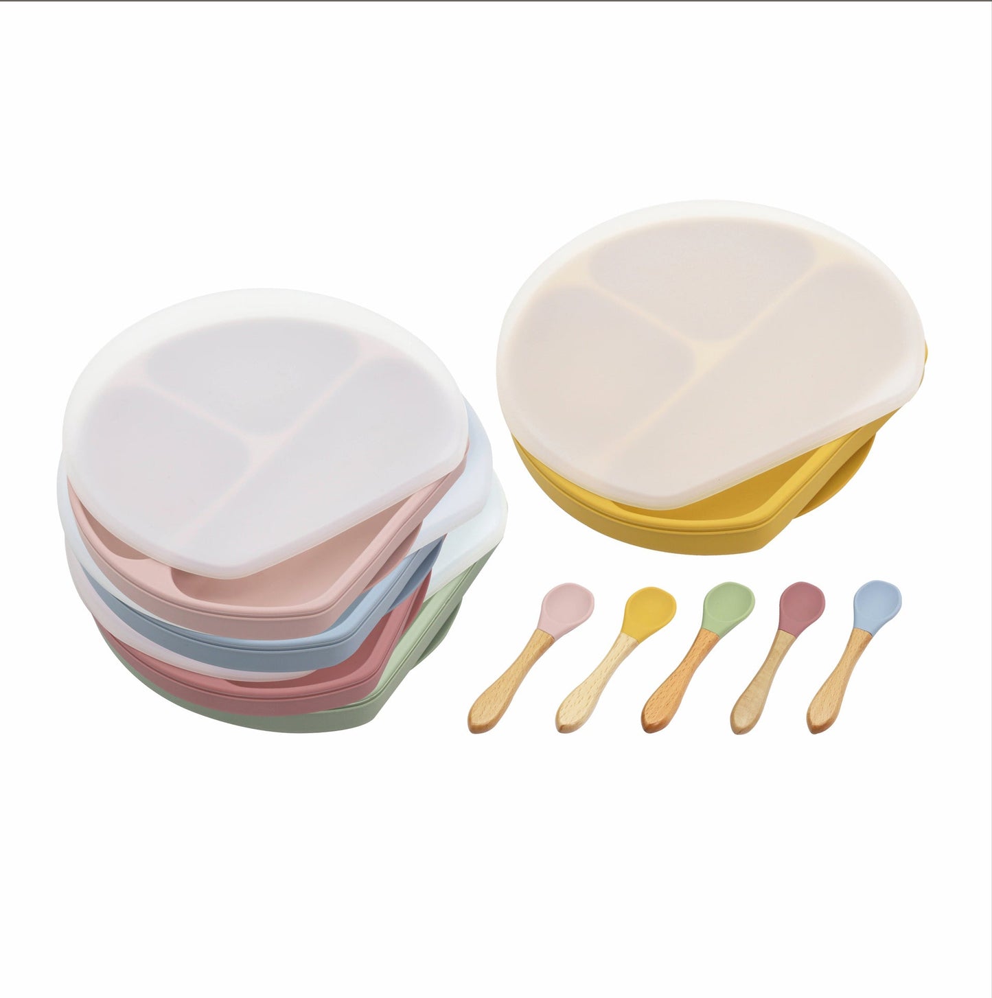 Baby Silicone Compartment Plate With Wooden Spoon by MyKids-USA™