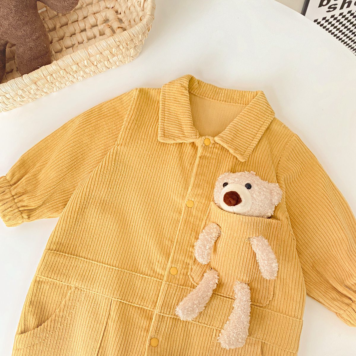 Baby 3D Cartoon Bear Patched Design Corduroy Fabric Button Front Romper by MyKids-USA™