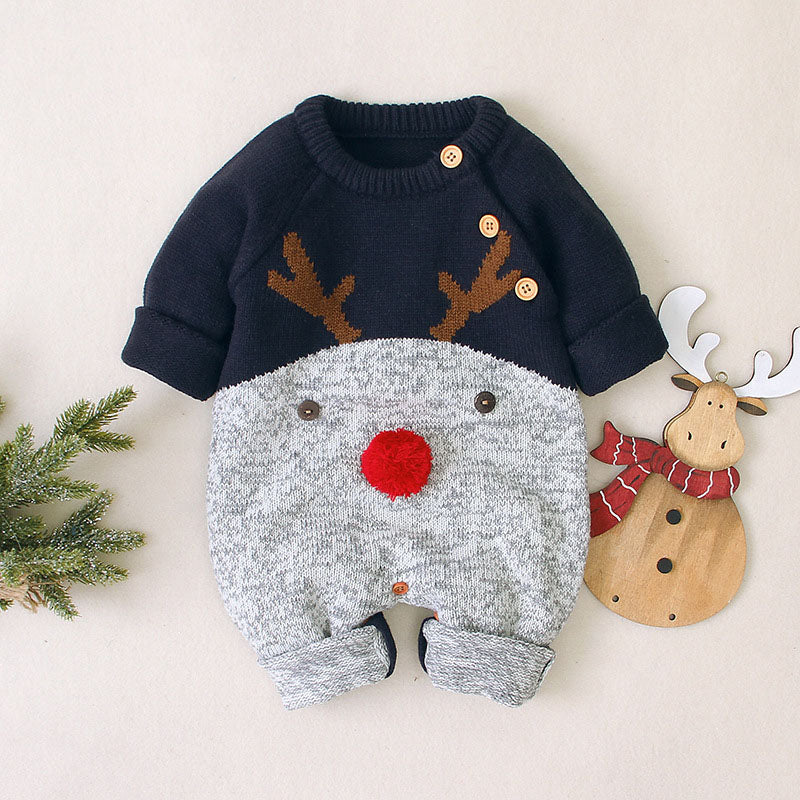 Baby Cartton Pattern Contrast Design Side Button Christmas Knitted Romper by MyKids-USA™