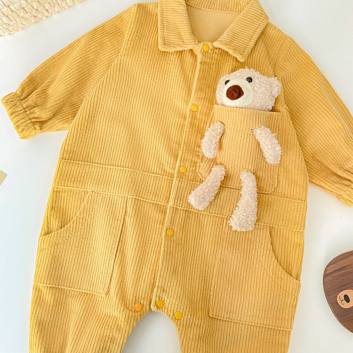 Baby 3D Cartoon Bear Patched Design Corduroy Fabric Button Front Romper by MyKids-USA™