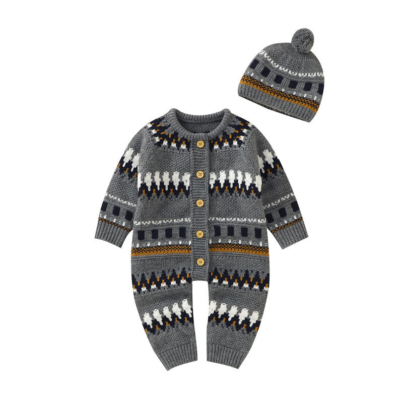 Baby Embroidered Pattern Contrast Design Vintage Style Warm Knitting Romper With Hat by MyKids-USA™