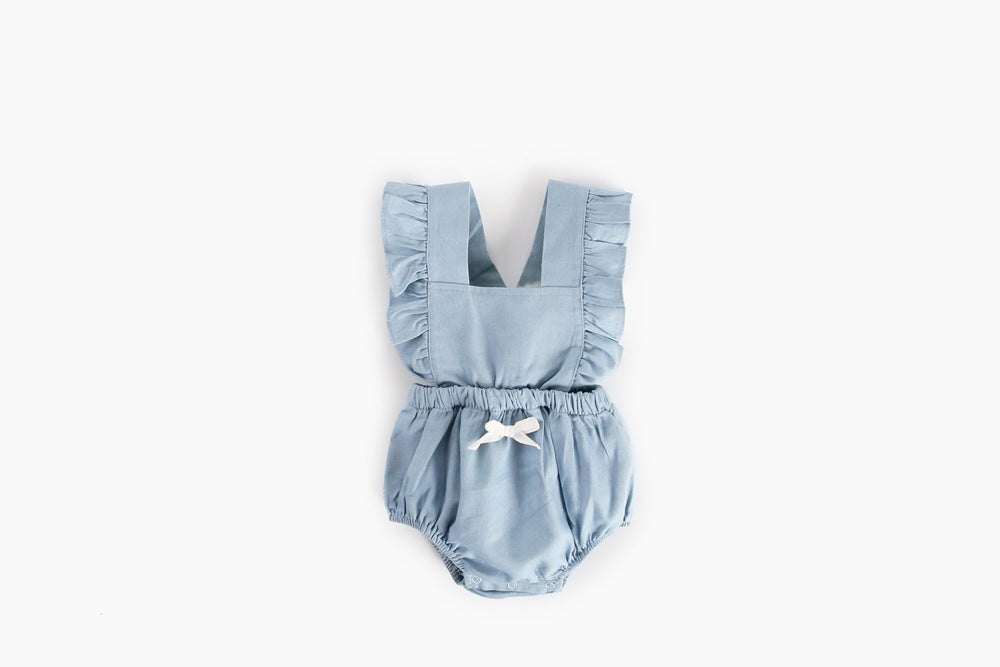 Baby Girl Square Collar Lace Design Denim Fabric Sleeveless Backless Onesies With Bow Decoration by MyKids-USA™