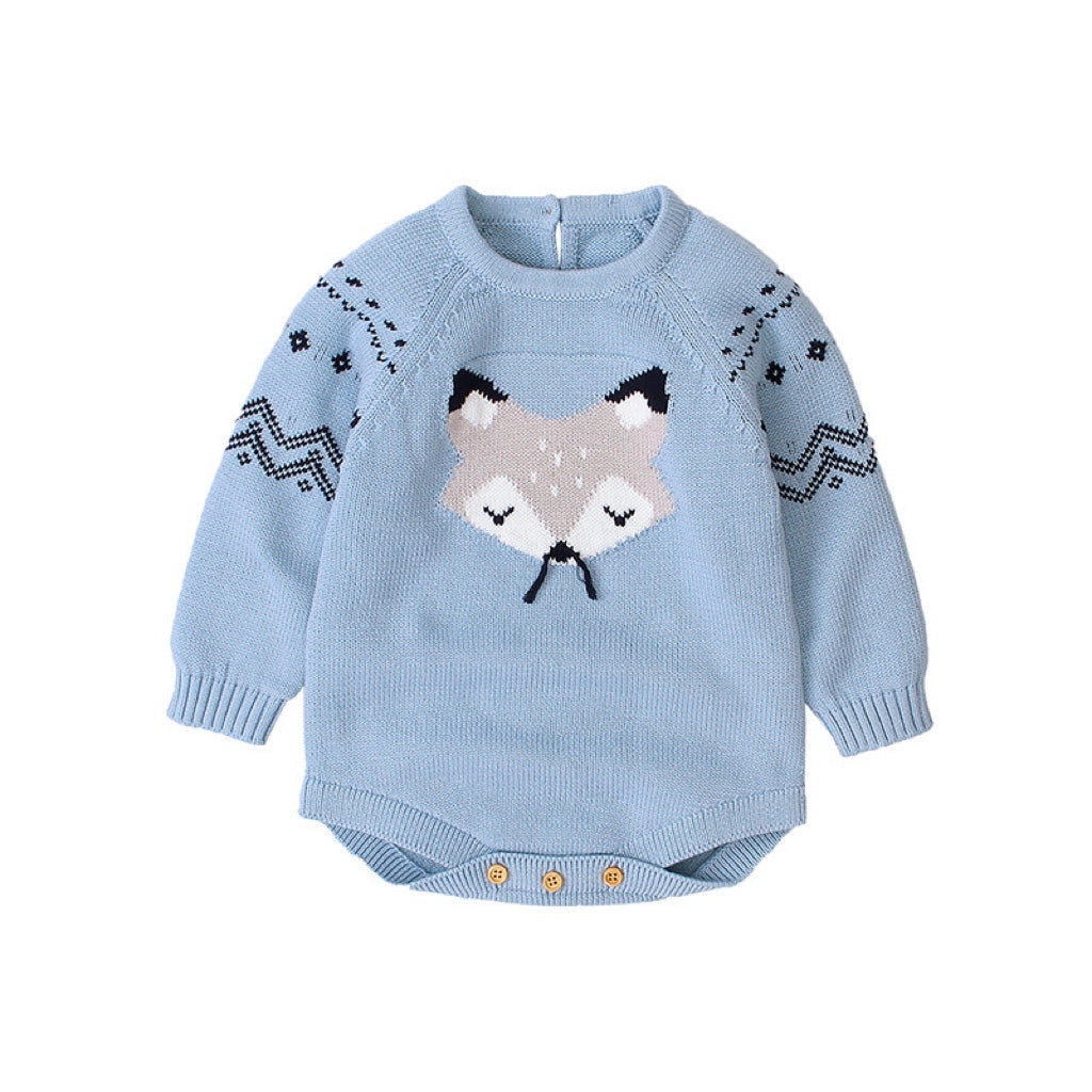 Baby Cartoon Fox Graphic Long Sleeves Triangle Knitted Romper Jumpsuit In Autumn by MyKids-USA™