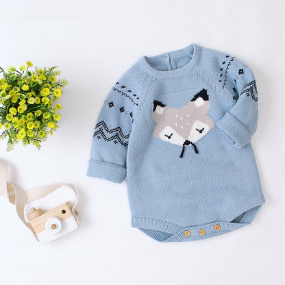 Baby Cartoon Fox Graphic Long Sleeves Triangle Knitted Romper Jumpsuit In Autumn by MyKids-USA™