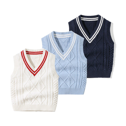 Baby Crochet Knitting Pattern Striped V-Neck Design College Style Sleeveless Vest Sweater by MyKids-USA™