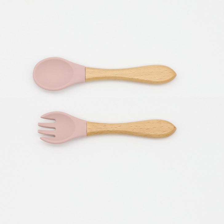 Baby Food Grade Wooden Handles Silicone Spoon Fork Cutlery by MyKids-USA™