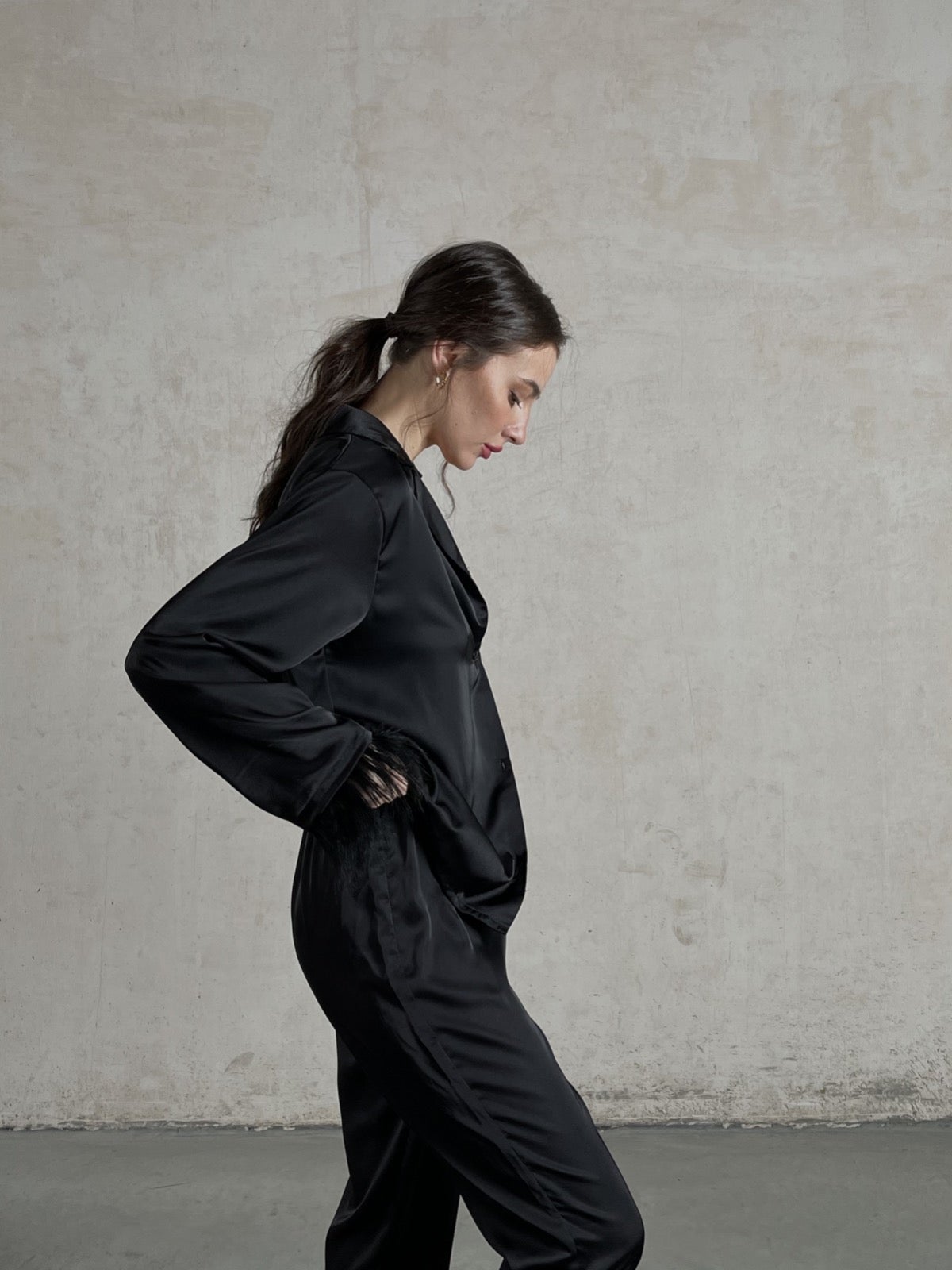 Silky Pajama Suit with Feathers in Black by Angie's Showroom