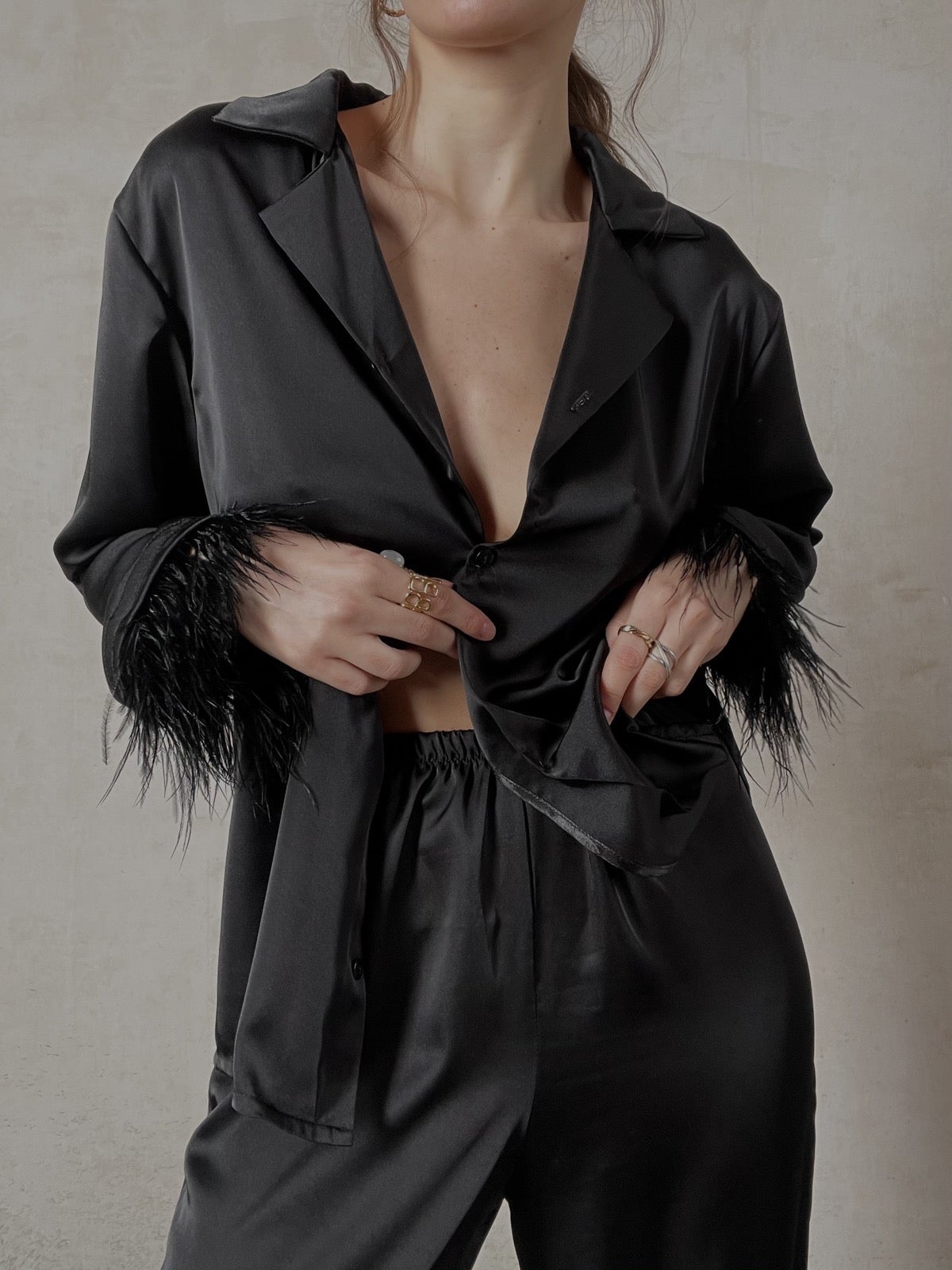 Silky Pajama Suit with Feathers in Black by Angie's Showroom