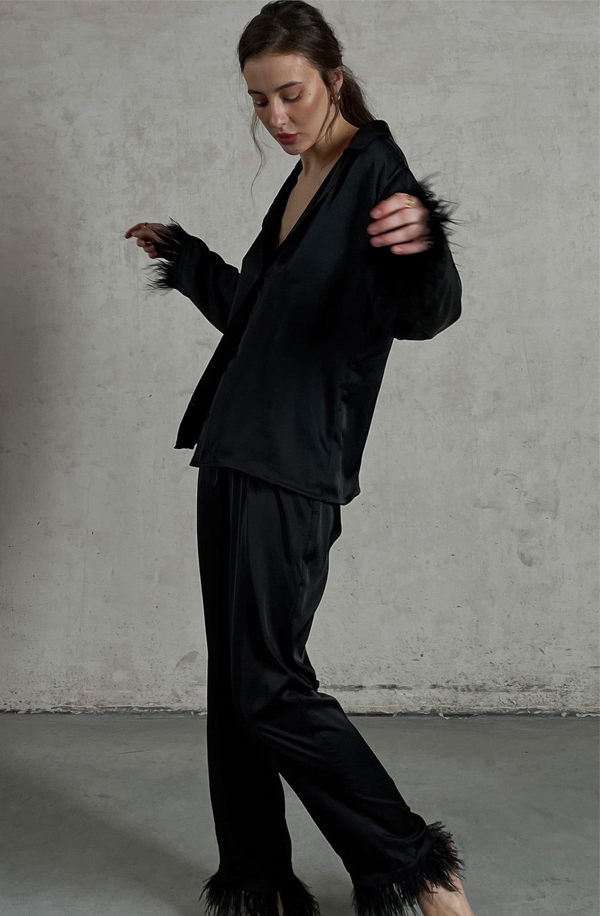 Silky Pajama Suit with Feathers in Black by Angie's Showroom