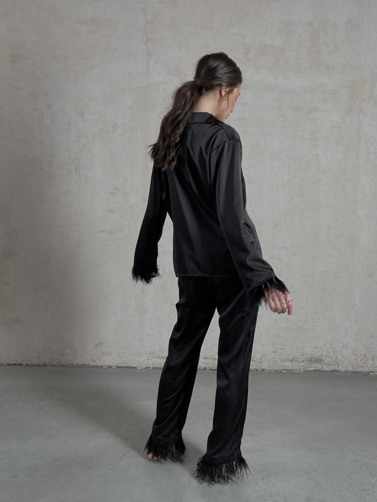 Silky Pajama Suit with Feathers in Black by Angie's Showroom