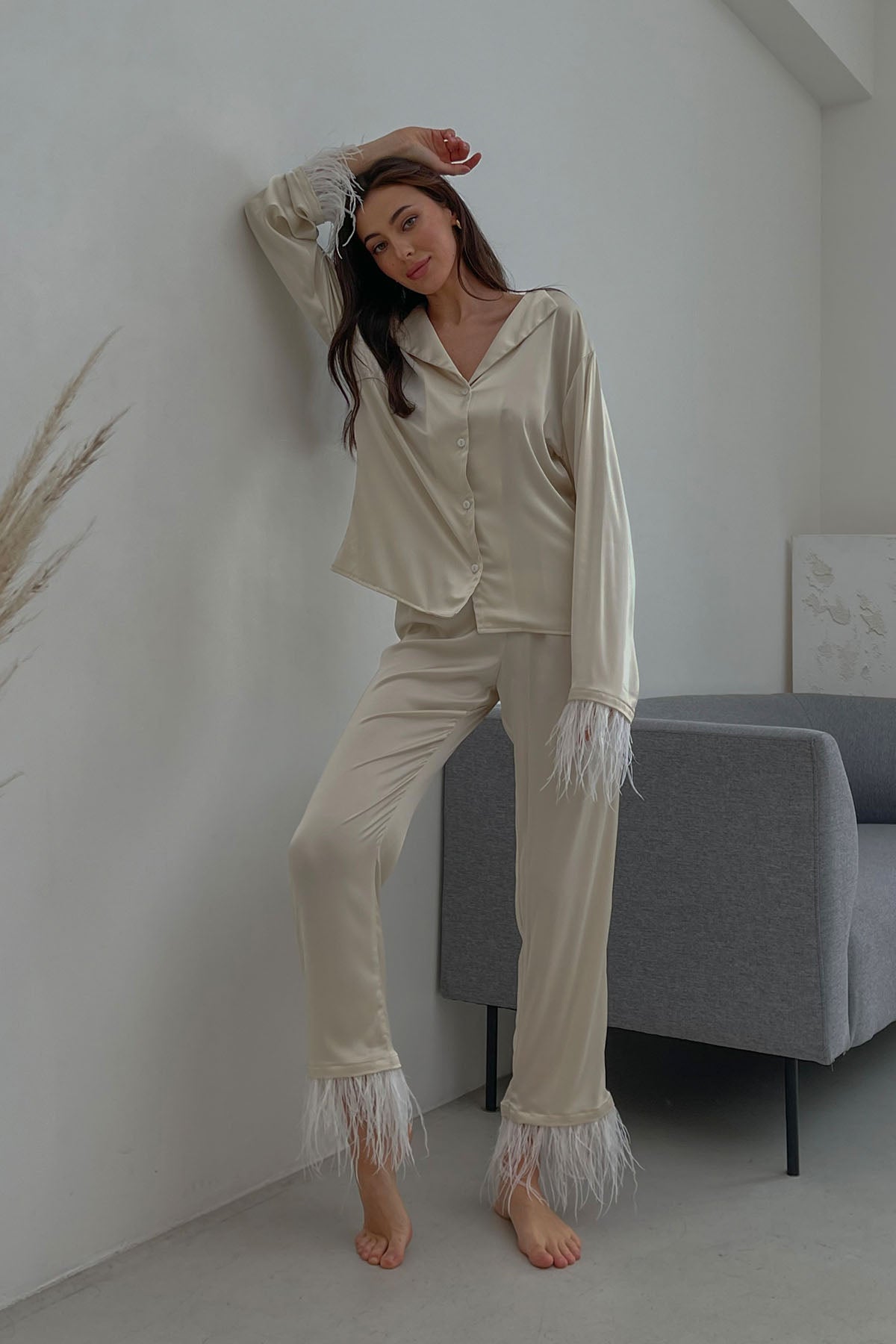 Silky Pajama Suit with Feathers in Ivory by Angie's Showroom