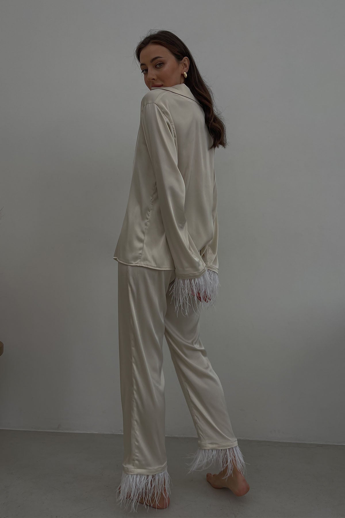 Silky Pajama Suit with Feathers in Ivory by Angie's Showroom