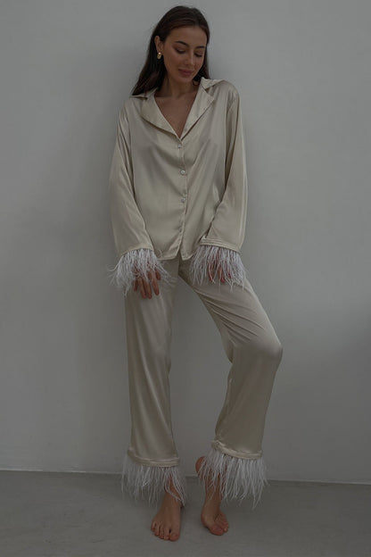 Silky Pajama Suit with Feathers in Ivory by Angie's Showroom