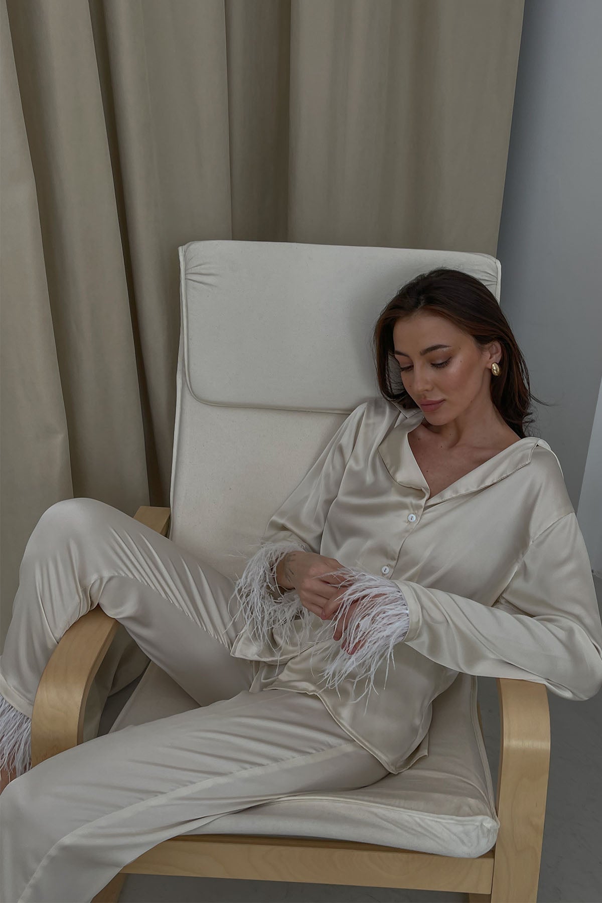 Silky Pajama Suit with Feathers in Ivory by Angie's Showroom