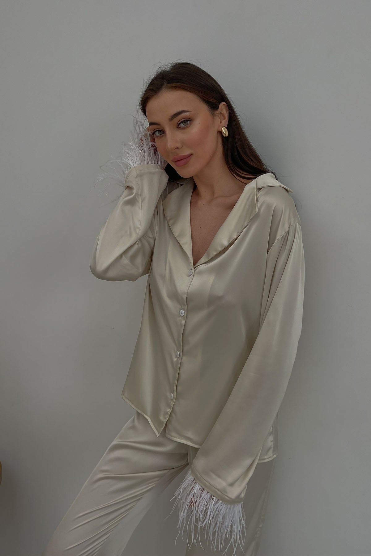 Silky Pajama Suit with Feathers in Ivory by Angie's Showroom