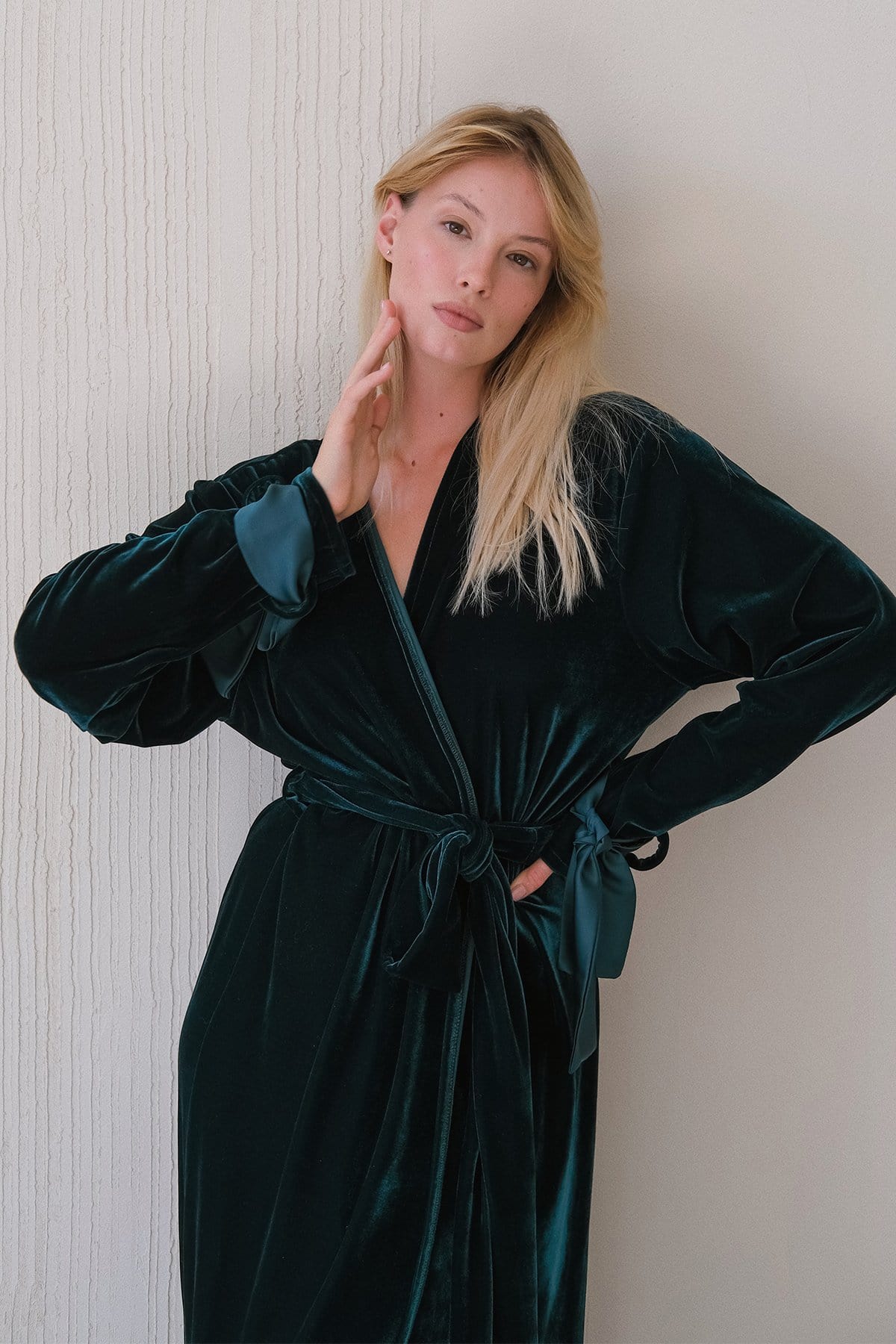 Velour Long Home Robe with Satin Ties by Angie's Showroom