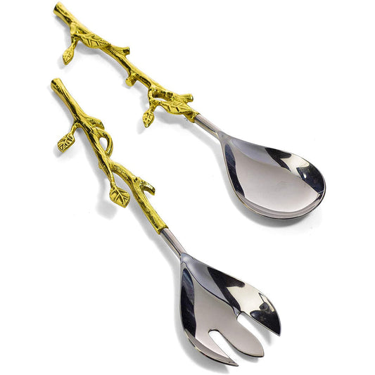 Gold Leaf Salad Servers Brass & Stainless Steel, Fork & Spoon Set Gold Leaf Design, Two Tone Ideal for Weddings, Party's, Elegant Events by Gute Decor