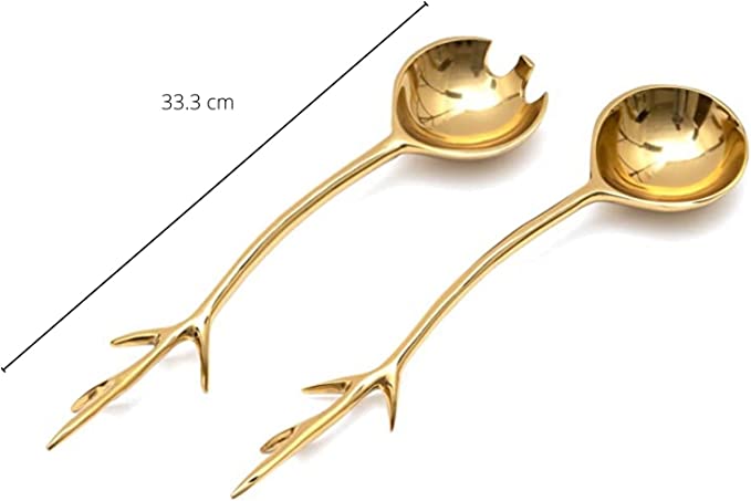 Twig Salad Servers Brass & Stainless Steel, Fork & Spoon Set Leaf Design Gold by Gute by Gute Decor