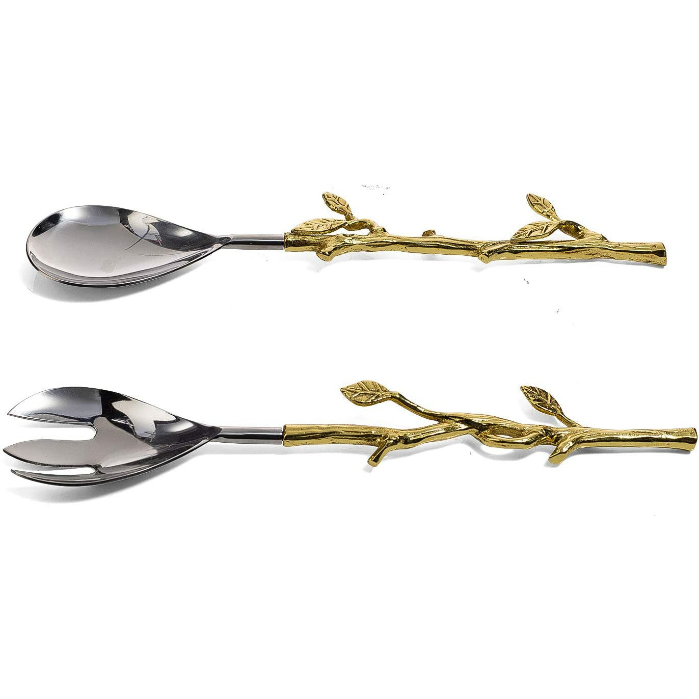 Gold Leaf Salad Servers Brass & Stainless Steel, Fork & Spoon Set Gold Leaf Design, Two Tone Ideal for Weddings, Party's, Elegant Events by Gute Decor
