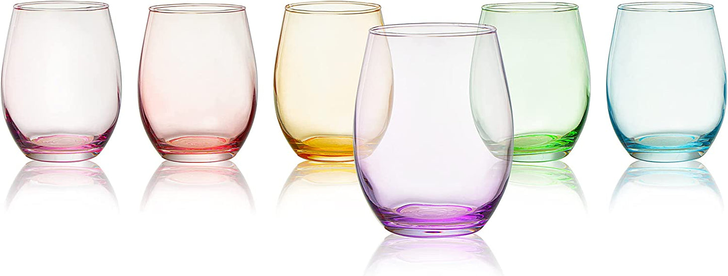 Colored Stemless Wine Glasses 12 oz (Set of 6) - by The Wine Savant