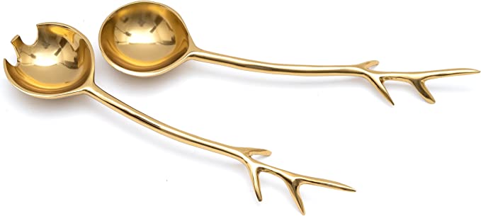 Twig Salad Servers Brass & Stainless Steel, Fork & Spoon Set Leaf Design Gold by Gute by Gute Decor