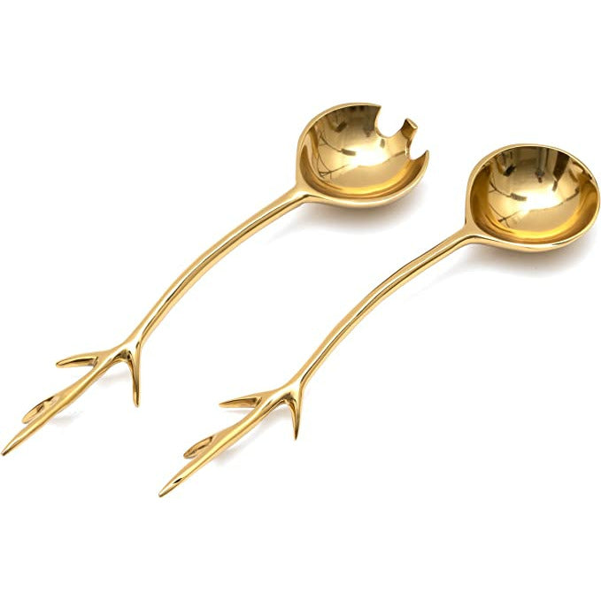 Twig Salad Servers Brass & Stainless Steel, Fork & Spoon Set Leaf Design Gold by Gute by Gute Decor